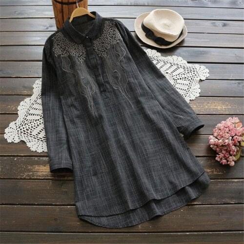 Cotton Women Large Size Spring Summer Shirts Casual Blouses Embroidery Polo-Neck Long Sleeve Loose Blusas Fashion TopS MM0555