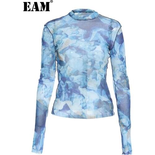 [EAM] Women Blue Pattern Printed High Elastic Thin T-shirt New Turtleneck Long Sleeve Fashion Tide Spring Autumn 2021 1Z172