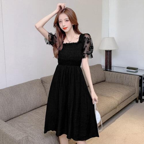Elegant Midi Party Dress Women Casual Mesh Short Sleeve Black Vintage Dress Sexy One Piece Dress Korean 2021 Summer Chic Y275