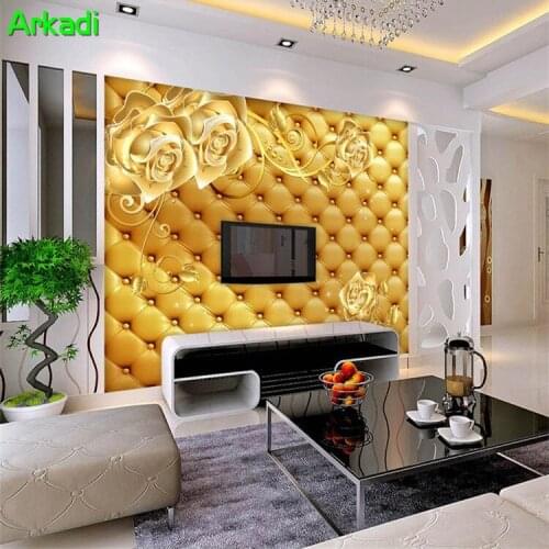 European 3d imitation soft package golden rose flower living room TV background film wall paper sofa bedroom home decoration