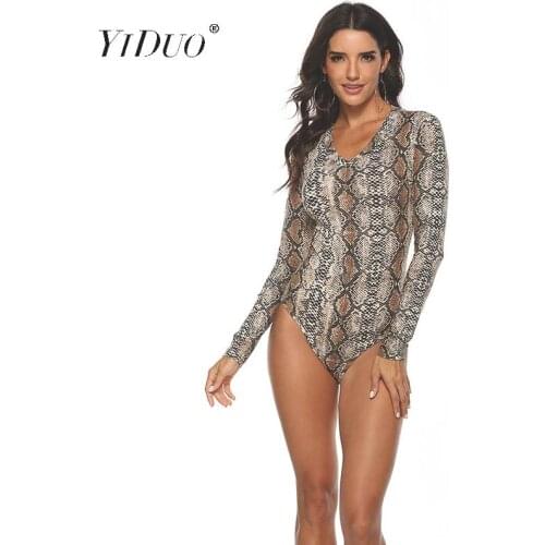 YiDuo Sexy Leopard Animal Tiger Snake Print Bodysuit Women Fit Long Sleeve V-Neck Bodysuit Short Jumpsuit Romper One Piece Femme