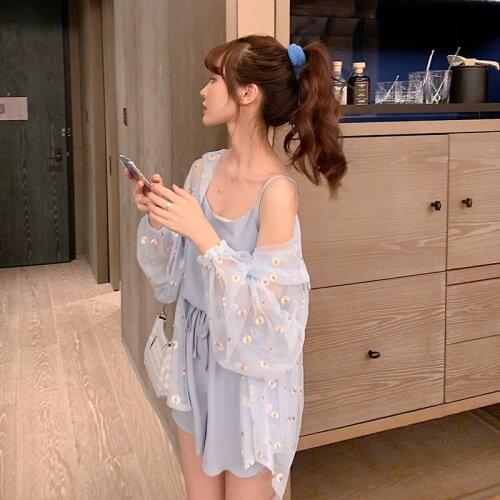 Summer Fashion Casual Women Clothing Mesh Sunscreen Clothing+Halter Top+Shorts Plus Size Thin Breathable Women Tops Three Piece