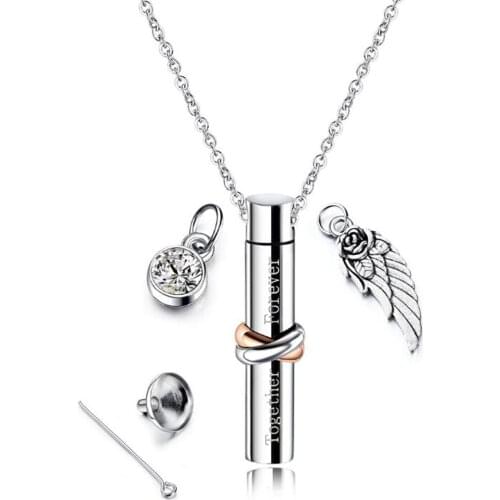 Stainless Steel High Polish Finished Cylinder Cremation Urn Angel Wings Heart Pendant Necklace Ash Jewelry with Filling Kit