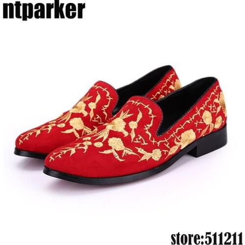 Ntparker Summer Men Suede Loafers Party Shoes Europe Style Red Flower Embroidered Leather Casual Men Shoes Slip on, Big EU38-46
