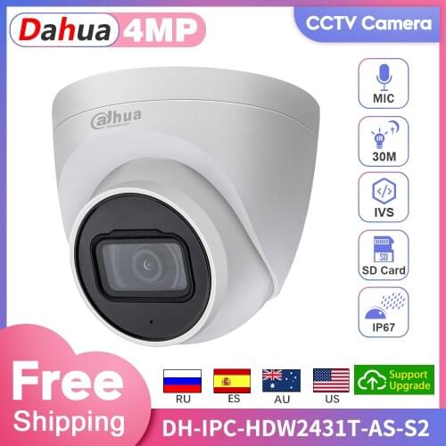 Dahua CCTV Camera IP Original 4MP Starlight IPC-HDW2431T-AS-S2 POE Kamera Built-in Mic SD Card Camara Videovigilancia IP67 IVS