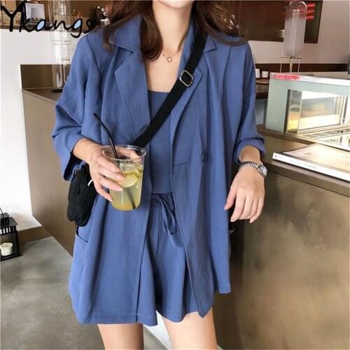 Casual Summer 3Pcs Set Women Solid Loose 3/4 Sleeve Cardigan+Sling Vest+ High Waist Wide Leg Shorts Plus Size Ladies Office Suit