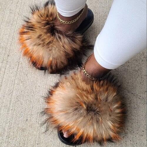 Summer Fluffy Fur Slippers Women Shoes Raccoon Fur Slides Real Fox Fur Flip Flop Flat Outdoor Slippers Casual Female Plush Shoes