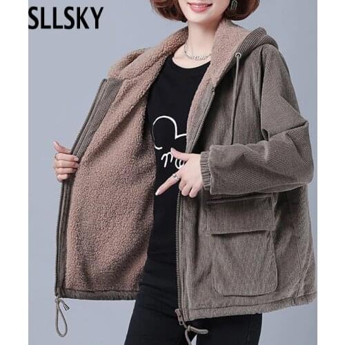 SLLSKY Corduroy Hooded Women Fleece Coat 2020 Winter Warm New FemaleThick Jacket Tops Zipper Long Sleeve Casual Loose Outerwear