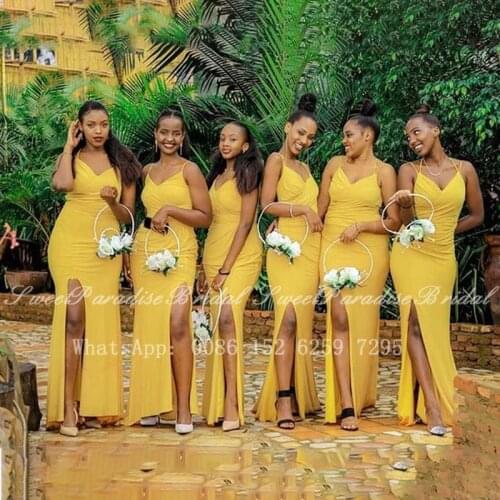 Yellow Bridesmaid Dresses With Side Split 2020 Women Long Mermaid Spaghetti Strap Wedding Party Dress Maid Of Honor