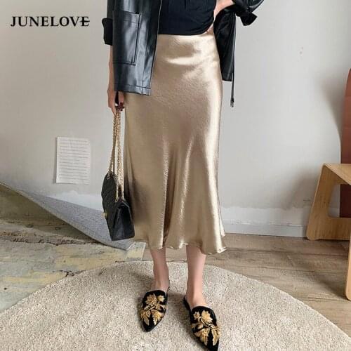 JuneLove Women Summer glossy satin trumpet Skirts high waist skirt Silver gold midi skirt Metallic Color party skirts bottoms