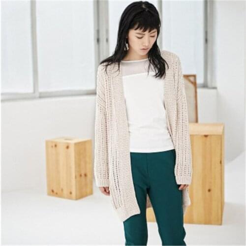 New fashion 100% hand made pure cotton Vneck thin knit women solid H-straight hollow out long cardigan sweater one&over size