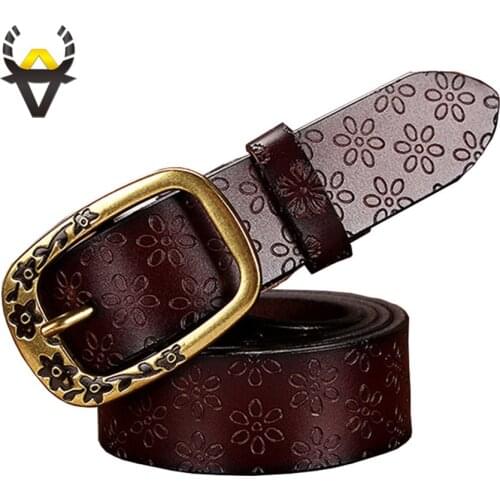 Fashion Genuine leather belts for women Vintage floral Pin buckle strap for jeans High quality second layer cow skin belt woman