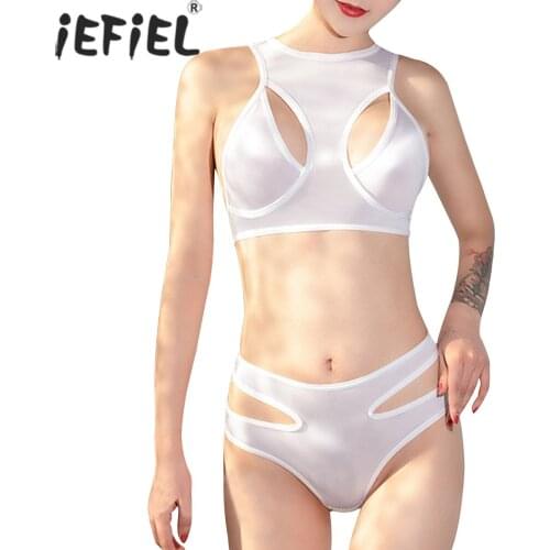 Women Solid Color Hollow Out Lingerie Suit Sleeveless Crop Top with Briefs Underwear Racer Back Vest Nightwear Clubwear