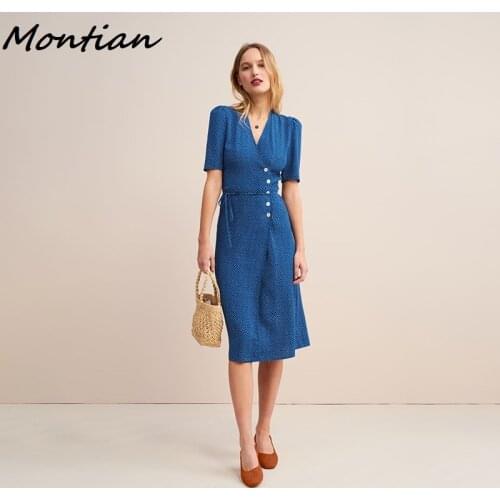 Women Dress Sexy Long Dresses Vintage French A-Line V-Neck One Piece Temperament Romantic Dots Wrap Dress Button Chiffon Dresses