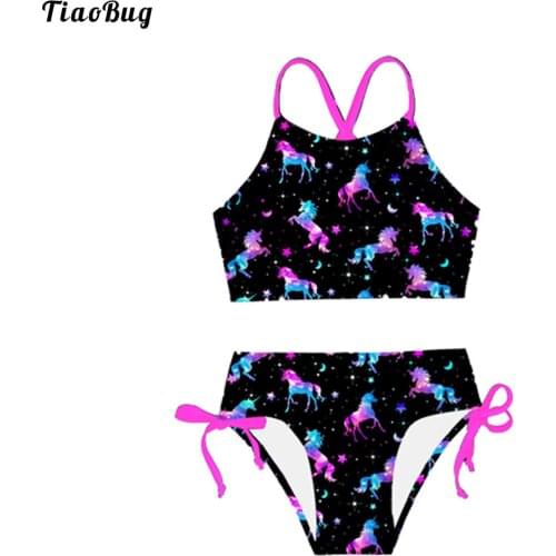 TiaoBug Summer Kids Girls 2Pcs Beach Sport Halter Tankini Swimsuit Bathing Pool Suit Swimwear Cartoon Floral Print Bikini Sets