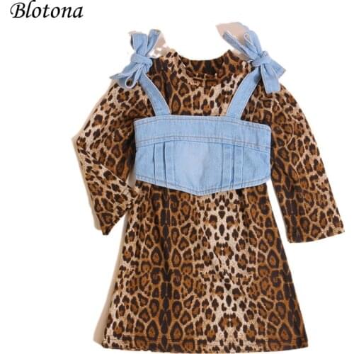 Blotona Toddler Girl 2Pcs Spring Fall Fashion Outfits, Long Sleeve Leopard A-line Dress + Bow Tie Strap Denim Camisole Set 1-6Y