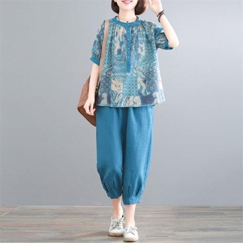 New 2021 Fashion Summer Ladies Vintage 2 Piece Sets Women Casual print Tops And Harem Pants Female Denim Tracksuits