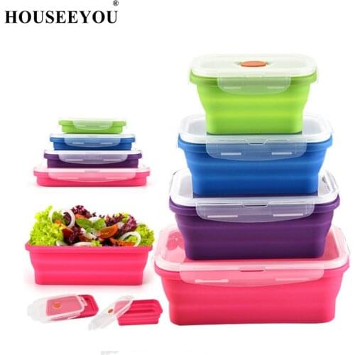 4Pcs/set Food Grade Silicone Lunch Box Folding Serving Tray Container Portable Collapsible Food Picnic Fruits Storage Box Case