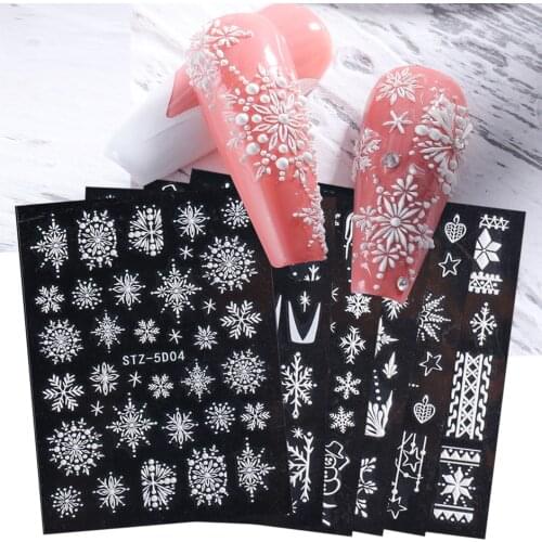 8pcs 5D Nail Stickers Embossed New Year Decals Set White DIY Engraved Snowflakes Winter Xmas Sliders Nail Design GLSTZ5D01-08-1