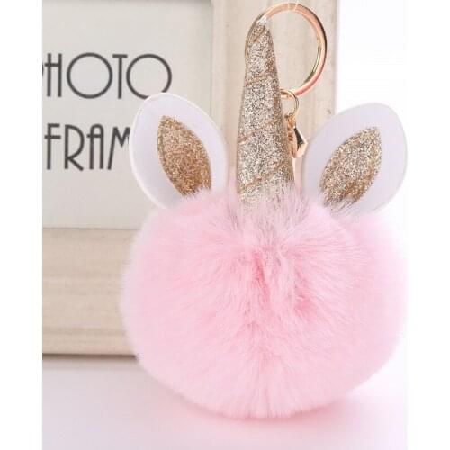 Unicorn Pom Keychain Artificial Pompoms Faux Rabbit Fur Ball Pompom Key Chain Women Bag Car Keyring Porte Clef Holder Fluffy