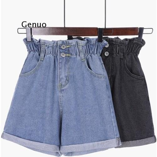Elastic waist shorts women short feminino denim Ladie sexy black high waist shorts plus size 5XL Ruffles Button Solid summer new