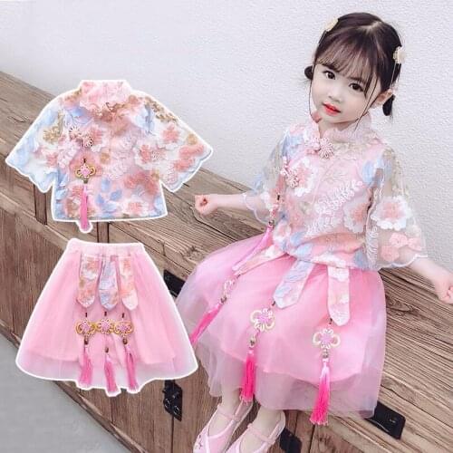 Baby Girl Sets 2021 Spring Summer Children Chinese Style Embroidered Tang Suit Teens Kids Clothes Girls Top + Skirt 2Pcs Set