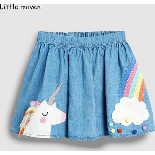 Little Maven Summer Baby Girl Clothes Denim Color Cotton Mini Unicorn Denim Color Lolita School Cute Skirts for Kids 2-7 Years