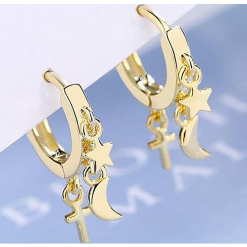 Trendy Moon Star Shaped Charm Huggie Small Hoop Earrings Gold Color Fashion Women Jewelry Girl Gift French