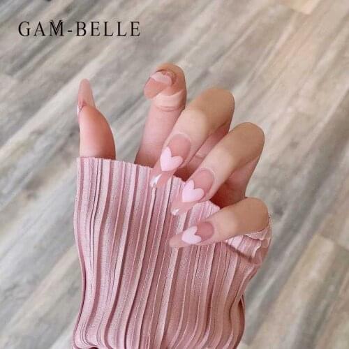 GAM-BELLE 24Pcs/Box Sweet Pink Heart Pattern Oval False Nail Full Cover Artificial Nail Tips Nail Art Decoration Manicure Tools