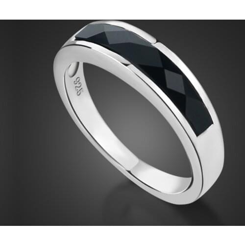 New Fashion 100% 925 Sterling Silver Women Ring Punk Simple Men Black Agate Finger Rings Fine Jewelry Couples Gift
