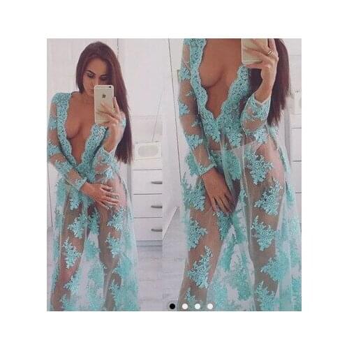 Dress Women Summer critical edition lake blue perspective sexy deep v neck see through long Dresses Casual Vestidos ZXP018