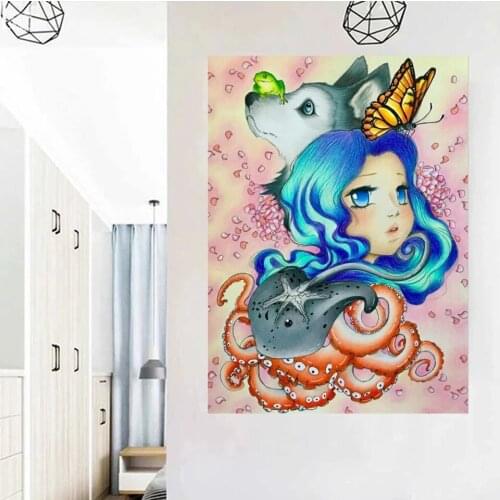 Full Square/Round 5D DIY Diamond Painting Cartoon girl wolf octopus Cross Stitch Rhinestone Mosaic Diamond Animals Home Decor