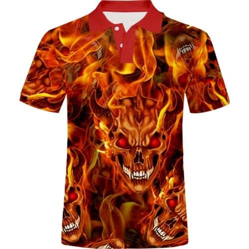 CJLM Red Flame Skull Pattern Polo Shirt Casual Loose Fashion Street Clothes Cool Printing Interesting Shirt Mens Oversized 5XL