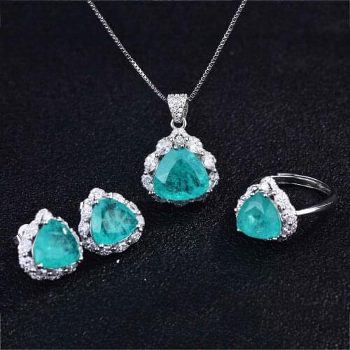 QTT Paraiba Tourmalin Gemstone Diamond Silver 925 Earrings Ring necklace Jewelry Set for Women Temperament Party Sets 2021 New