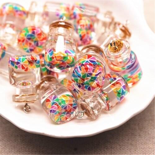 5pcs New Design 3D Glass Rainbow slices Sealed Bottle Iron Hook DIY Craft/Jewelry Accessory,15*22mm