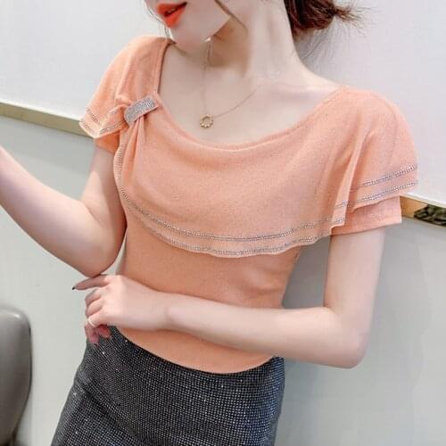 New 2021 Summer Short Sleeve Mesh Tops Fashion Casual Diamonds Ruffles Shirt Elegant Slim Plus Size Female Clothing Tees