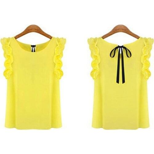 Women Elegant Bow Tie Blouse Summer 2020 Sexy Chiffon Shirt Casual O-Neck Butterfly Sleeveless White Women Blouse Roupas