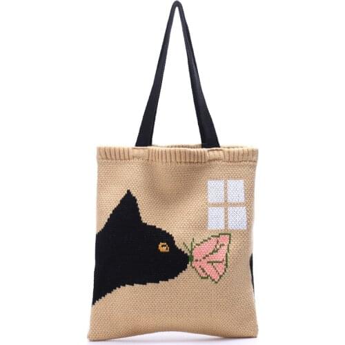 Lady Knitting Chic Tote Shoulder Crochet Woolen Cute Cat Pattern Open Shopper Top-Handle Bag Female Daily Handbag Bag For Women