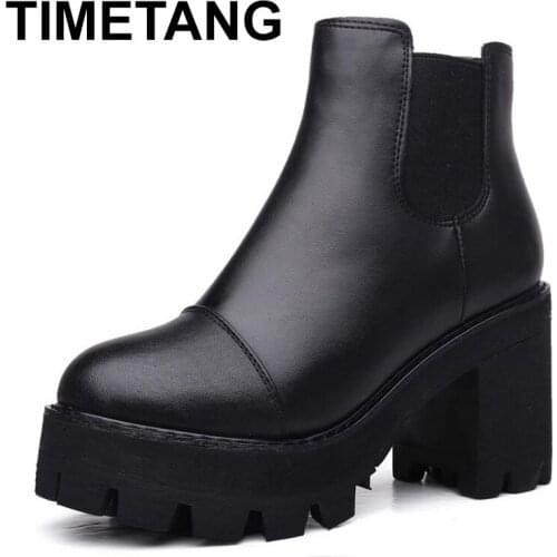 TIMETANG Autumn Winter Women Ankle Boots Genuine Leather Thick High Heel Boots Women Warm Platform Boots Black Ladies Shoes