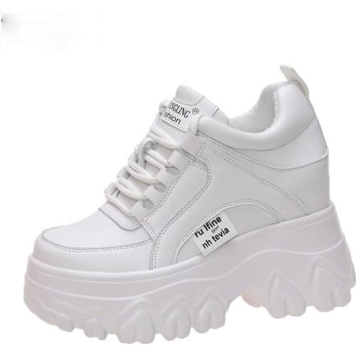 Women Leather Platform Sneakers Spring Trainers White Shoes 9CM High Heels Wedge Outdoor Sport Shoes Breathable Casual Shoes New