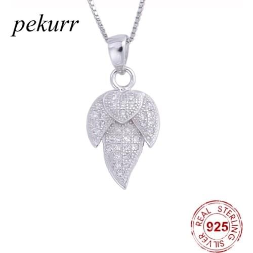 Pekurr 925 Sterling Silver Pave CZ Tree Leaf Leaves Female Pendants Natural Necklaces For Women Long Chain Fashion Jewelry