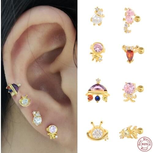 Aide 925 Sterling Silver Cute Marine Life Stud Earrings For Women Colored Zircon Shrimp Seahorse Octopus Fish Ear Studs Jewelry