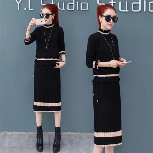 Twist Knitted 2 Piece Set Women Long Sleeve Turtleneck Pullover Sweater + Split Pencil Skirt Set Lady Runway Knitting Skirt Suit