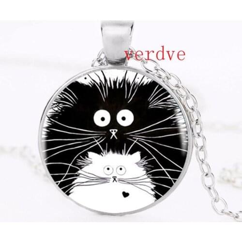 2017 Black and White Cats Pendant Black Necklace For Women Accessories Cute Animal Jewelry Glass Dome Pendants
