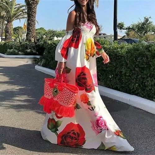 Women Elegant Tunic High Waist Elastic Chiffon Floral Printed Off Tube Shoulder Maxi Dress Bohemian Beach Cover Up Long Dresses