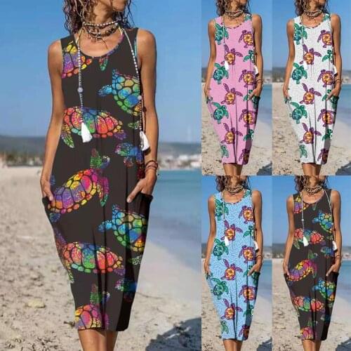 Fashion Casual Loose Turtle Pattern Pocket Vest Dress Women New Splice Sleeve O-Neck Pocket Dress Vestidos For Summer 2021