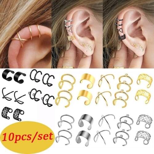10Pieces/Set Fashionable Simple Titanium Steel Men And Women No Piercing Ear Bone Clip Set No Piercing Fake Cartilage Earrings