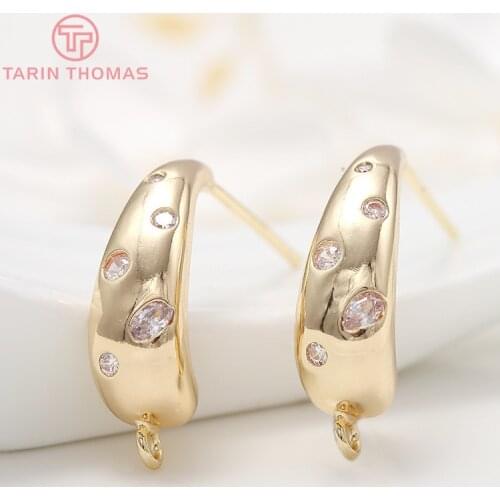 4PCS 8x20MM Hole 2MM 24K Gold Color Brass with Zircon Earring Hoop Earring Hooks for DIY Jewelry Making Finding Accessories