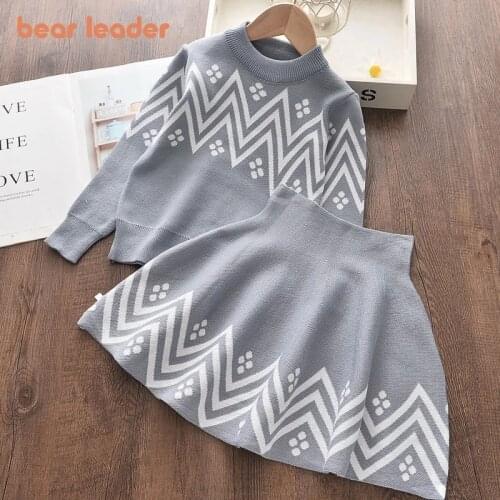 Bear Leader Girls Dress 2021 Winter Geometric Pattern Dress Long Sleeve Girls Clothes Top Coat+ Tutu Dress Sweater Knitwear 2pcs