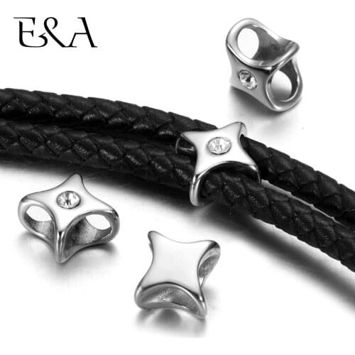 4pieces Stainless Steel Double Hole Rhinestone Beads for 5mm Leather Bracelet Metal Bead for DIY Making Jewelry Accessories